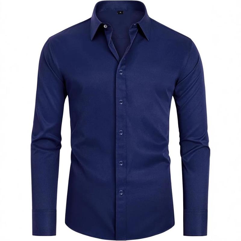 Men's Long Sleeve Solid Color Shirt, 4-Way Stretch, Natural Color Button, Slim Fit, Wrinkle Free, Business Casual Dress Shirt
