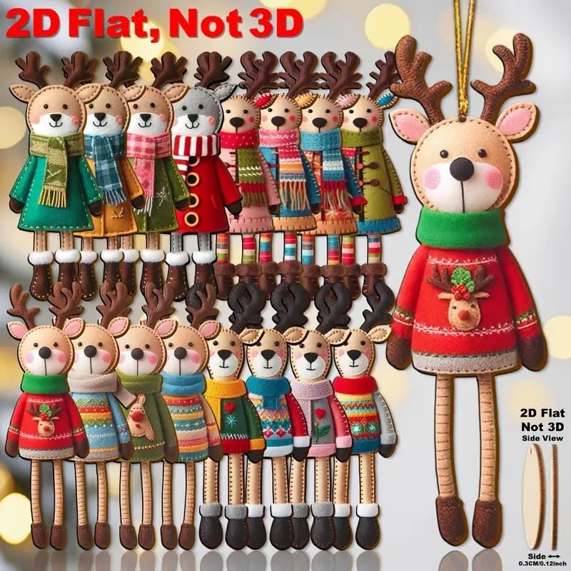 16Pcs 2D Colorful Christmas Reindeer Wooden Pendant Ornament Cartoon Christmas Tree Hanging Decoration For Home New Year Gift
