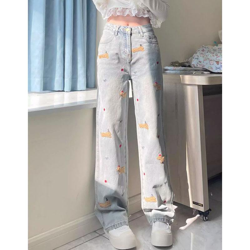 Embroidered Loose Straight Leg Jeans for Women High Waist Loose Plus Size 3xl Casual Wide Leg Denim Trousers Female