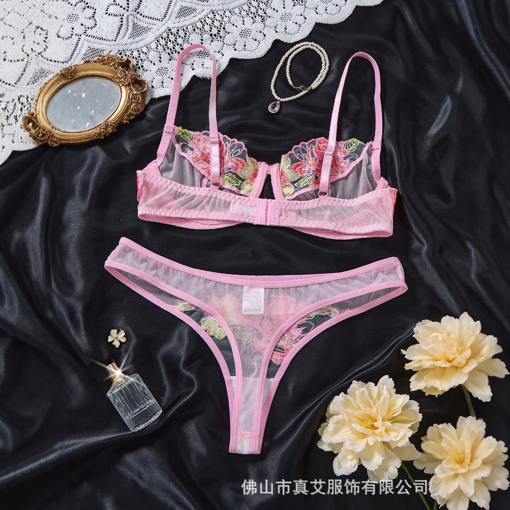 Sexy Embroidered Flower Mesh Underwear Set European and American Light Perspective Gathering Bra Thong Sexy Underwear Women