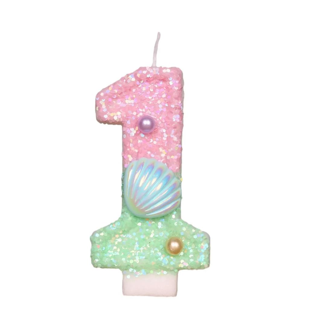 Ocean Mermaid Cake Candles Number 0-9 Number Candle Pink Green Cake Topper Candles Girls Birthday Party Cake Decoration Supplies