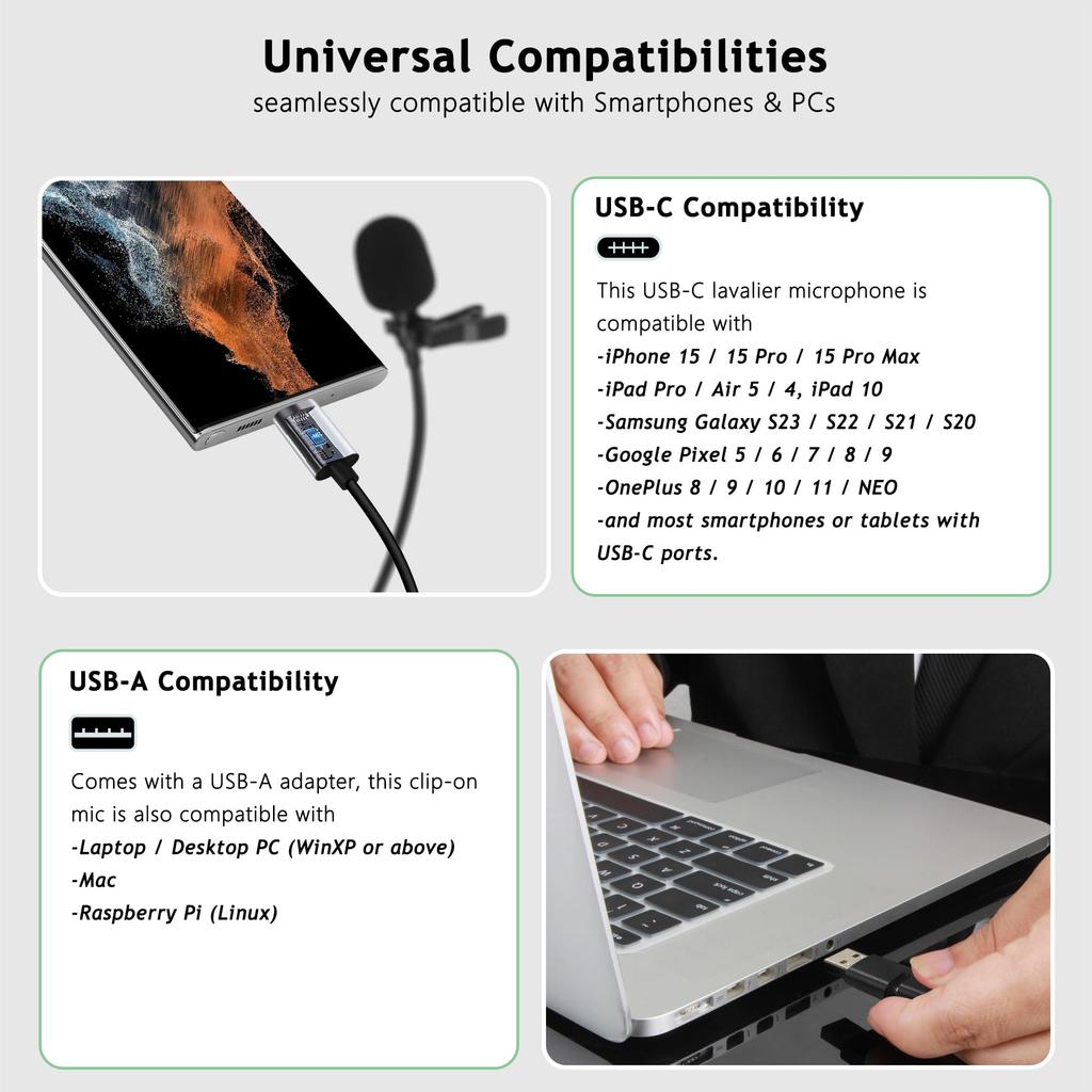 Lavalier microphone with USB-C port, condenser microphone compatible with iPhone 16/15 & Android Type-C, also compatible with PCs and laptops via USB-