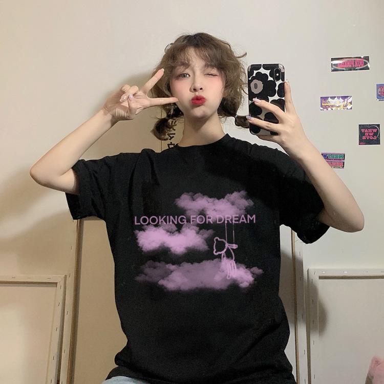 Black t-shirt women's summer new Hong Kong style Korean version loose student top short-sleeved clothes ins tide