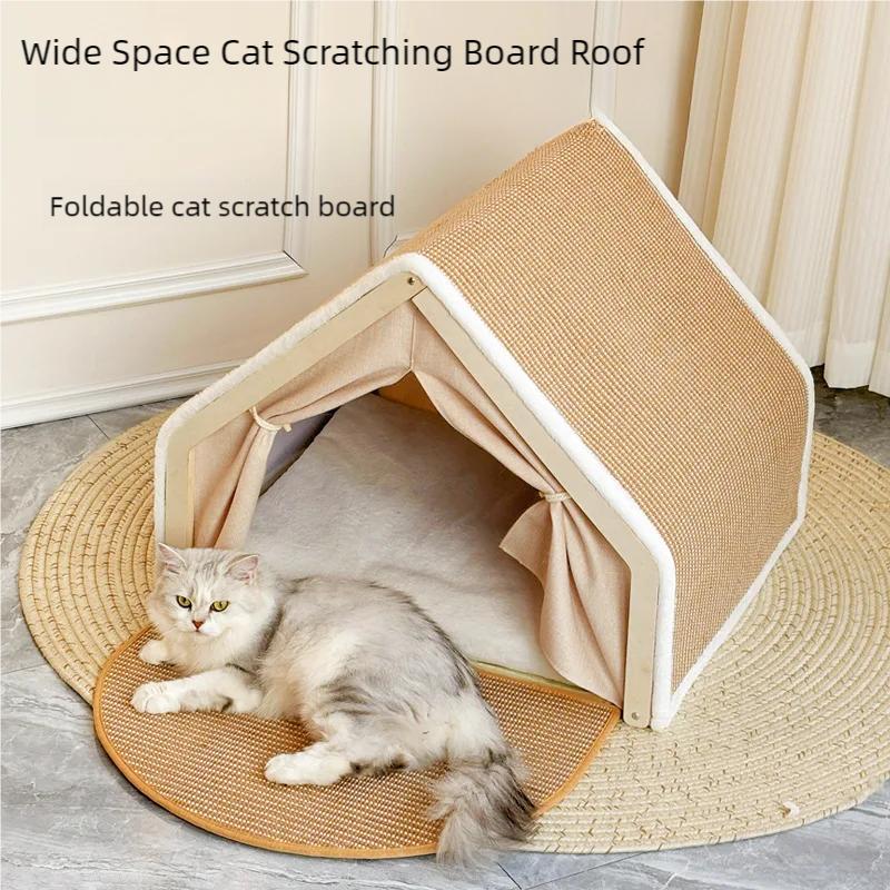 Cat Tent Villa Pet Bed, All-Season Dual-Use Cozy House, Half-Enclosed Wooden Cat Bed, Durable Sisterial No Scraps Drop Cat House