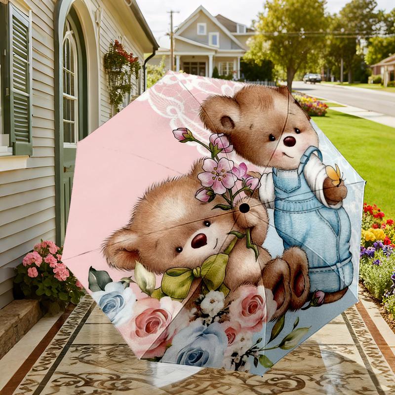 1pc Teddy Bears Flowers Automatic Folding Umbrella, Heavy Duty 8 Rib Iron Frame, Suitable for Travel, Daily Use, Birthday, Decor Gift m0104025
