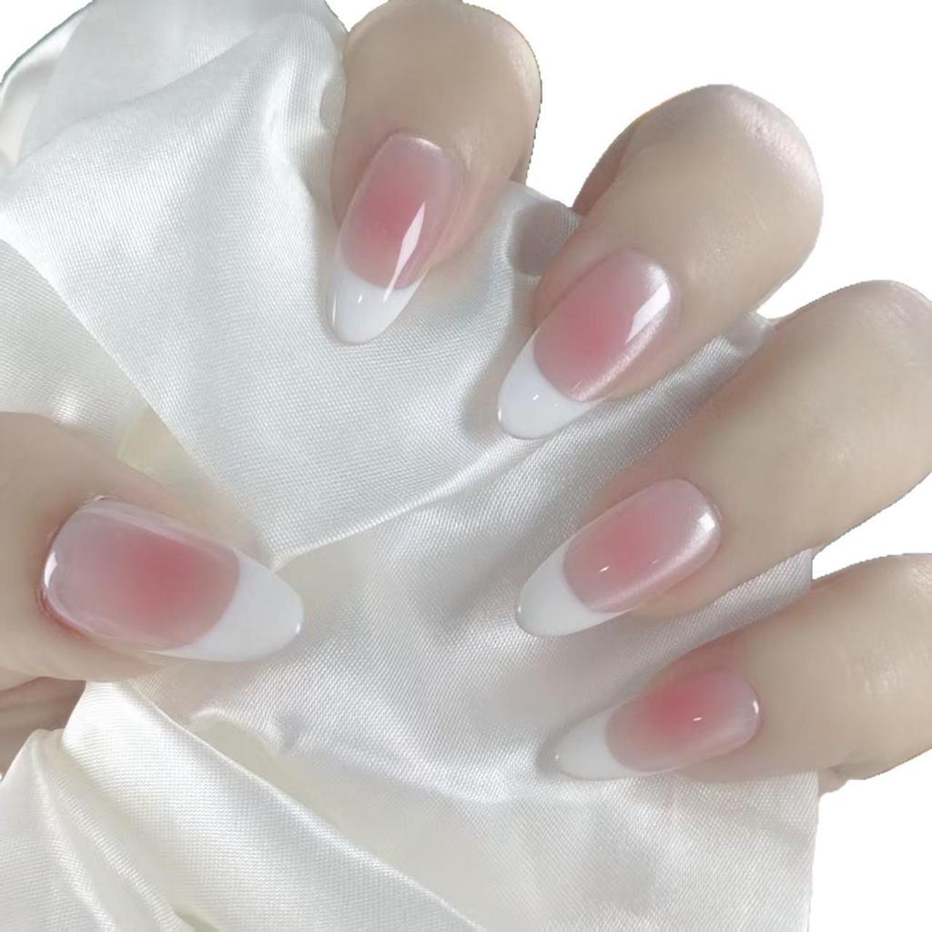 2025 High-End Elegant White & Nude Pink Cat Eye Handmade Wearable Nails for Daily Commute