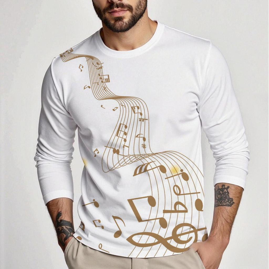 Spring and Autumn Men's Long Sleeve Round Neck T-shirt Musical Note Print Comfortable All-match Men's Thin Top