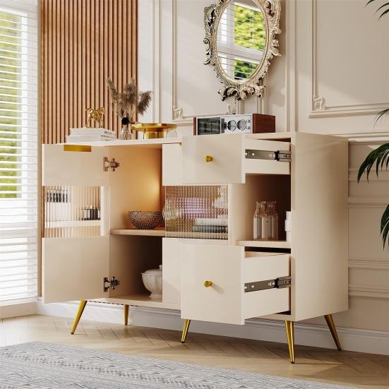 Dining Room Sideboard Living Room Storage Cabinets with Glass Sliding Doors, LED Lights Wooden Dressing Free-Standing Cupboards Buffet Cabinet Kitchen