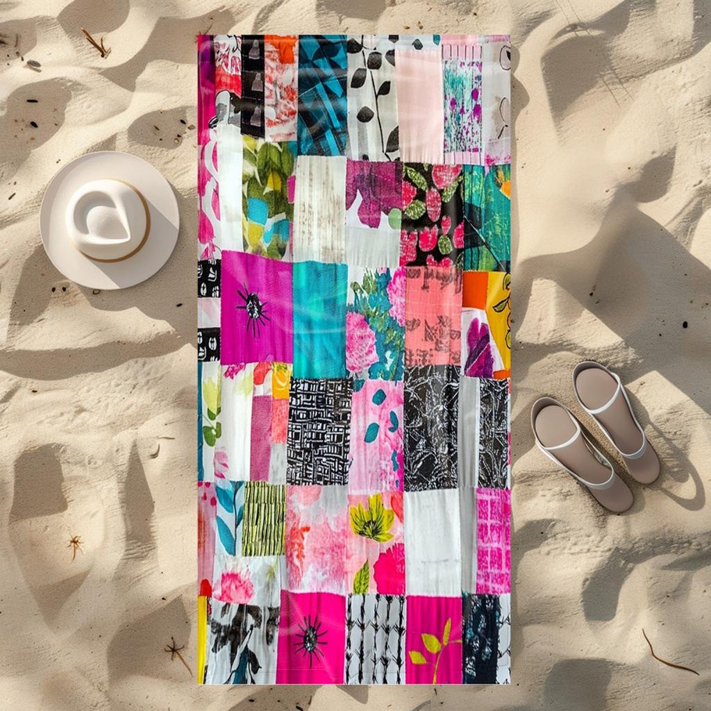 Large Microfiber Beach Towel 2D Flat Printed Colorful Patchwork Sand Free Soft Absorbent Bath Towel For Beach Pool Travel 1PC