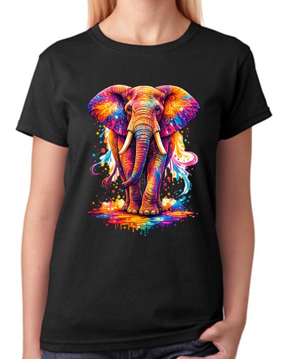 Colorful Elephant Paint Splash Art Ladies T-Shirt Vibrant Animal Tee XL