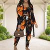 Women Plus Size Butterfly Printed Three Piece Set Long Sleeve Open Front Cardigan Crop Top Long Pants
