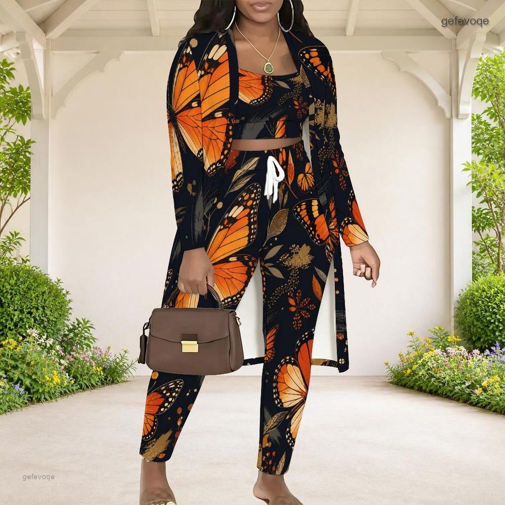 Women Plus Size Butterfly Printed Three Piece Set Long Sleeve Open Front Cardigan Crop Top Long Pants