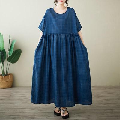 Robe longue d'été décontractée à manches courtes et grande taille en coton vintage à fleurs pour femmes