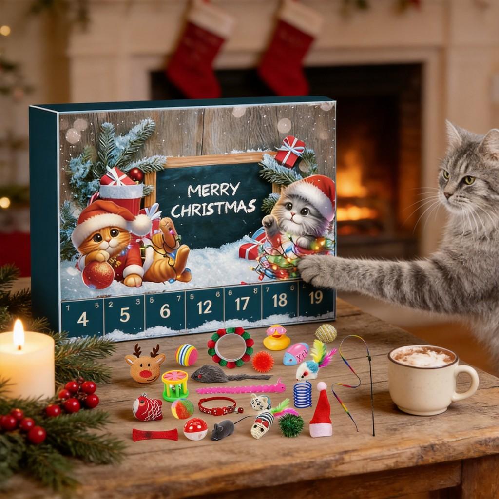 Cat Advent Calendar Christmas Counting Toy Pvc Green Blue For Pet Play