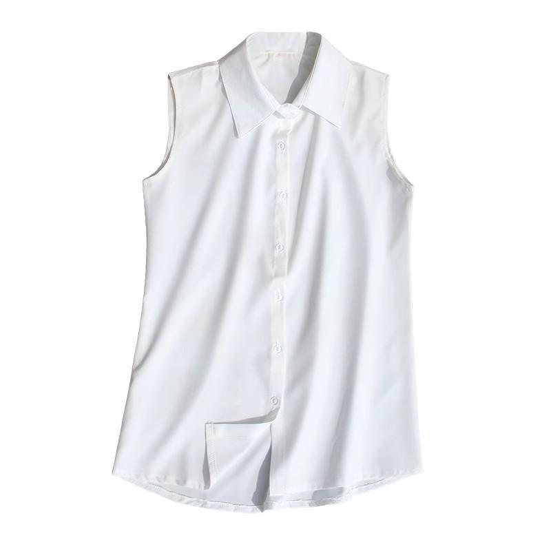 Women's Korean Style Summer Sleeveless Chiffon Vest Top with Lapel - White