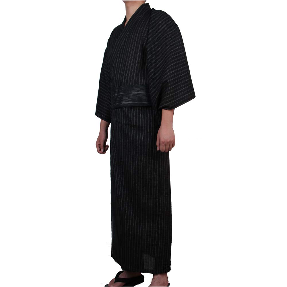 Yifulove Cotton and Linen Fireworks Festival Black Men's Yukata, Yukata, Sleepwear, Pajamas, Striped, Summer, Autumn, (Size M, 1)