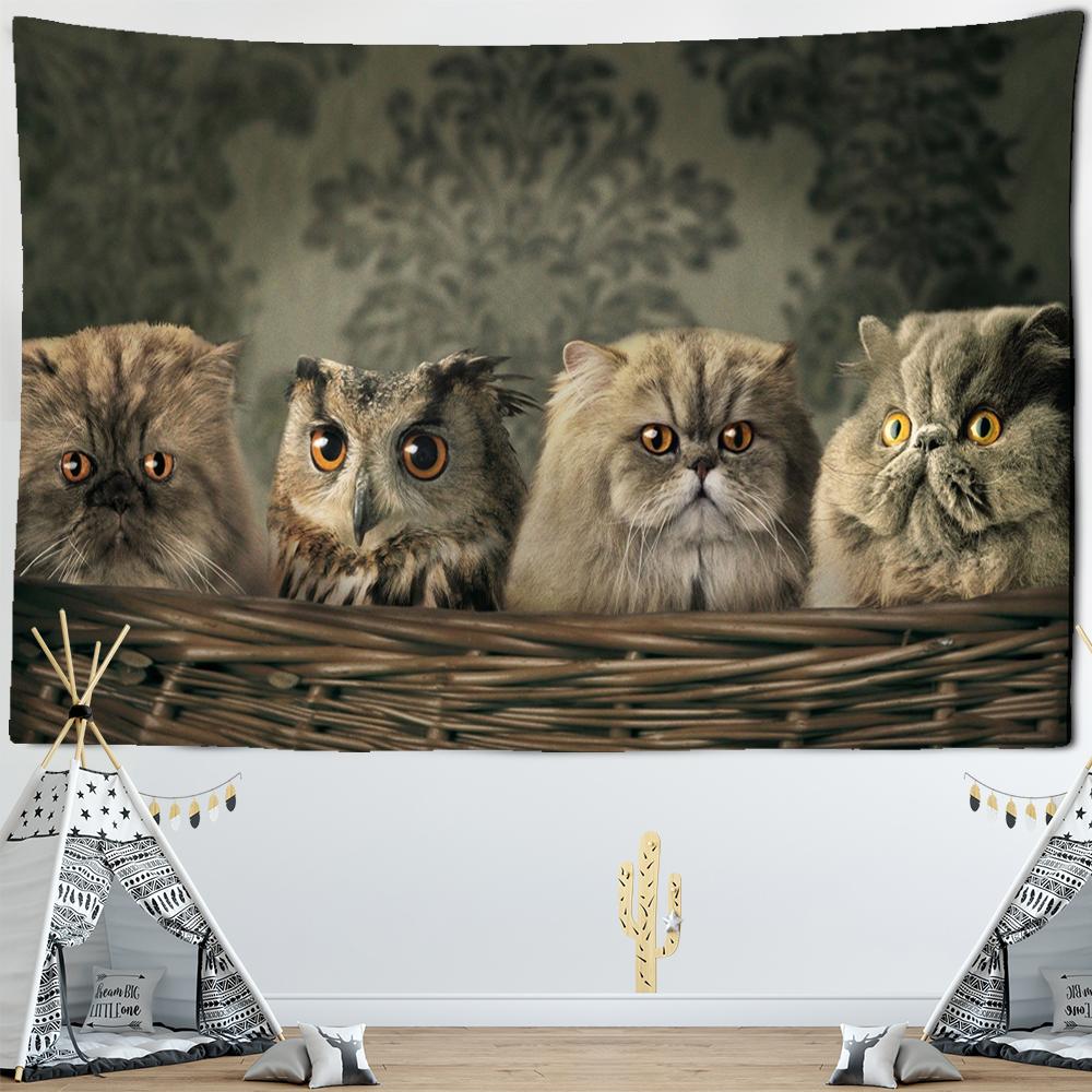 Wandteppich mit Katze und Eule, böhmischer Stil, süßes Haustier, einfache, verwirrte Augen, Hippie-Tischset, Schlafzimmer, Heimdekoration