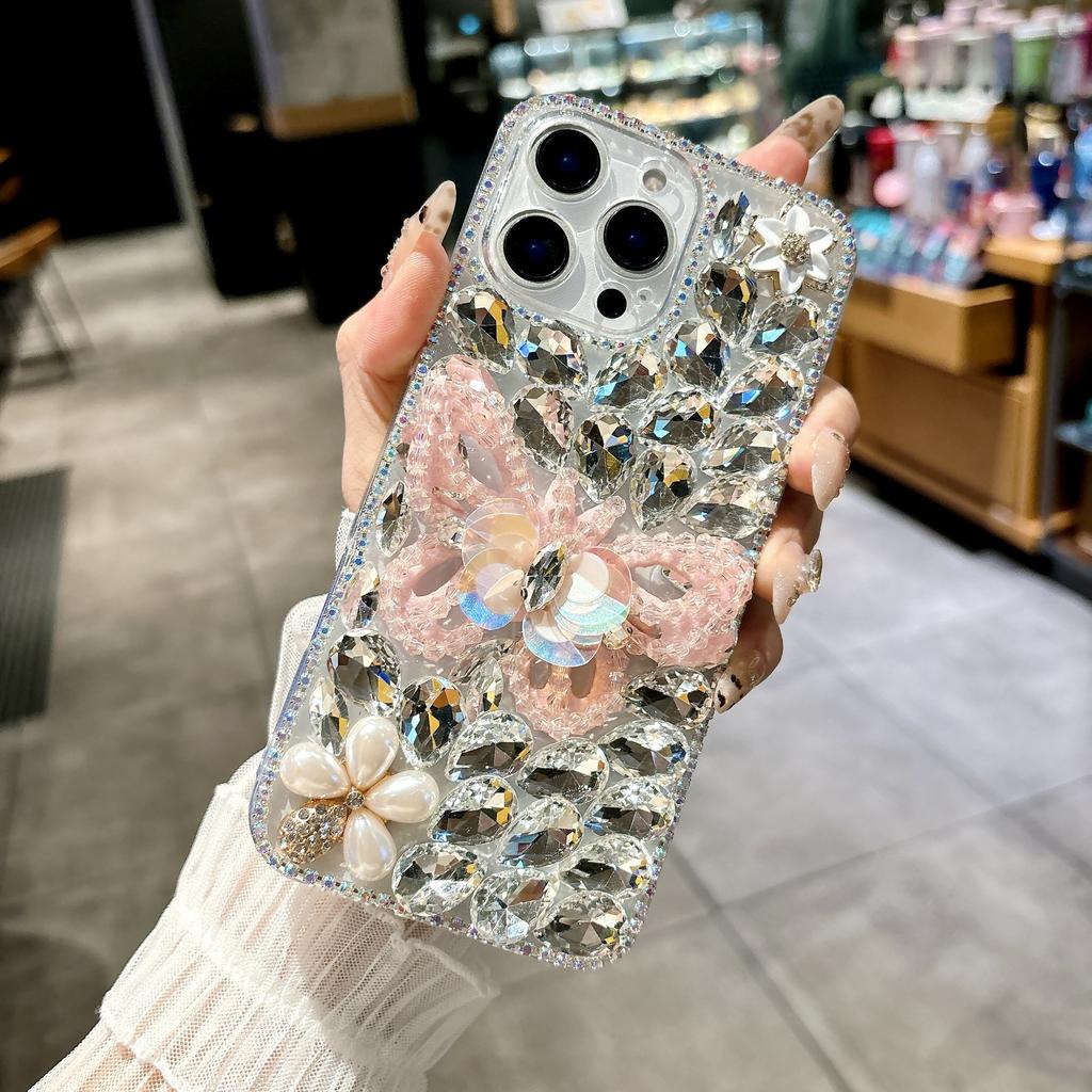 For iPhone 15 Pro Case Glass Rhinestone Decor Butterfly Pattern TPU Phone Back Cover