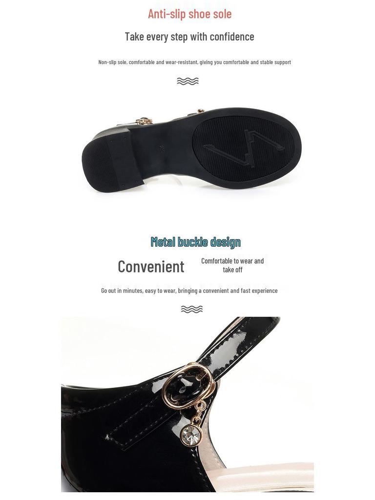 Damen 2024 Hollow Chunky Heel Sandalen: Mittelhoher Absatz Leder mit Ein-Wort-Schnalle & Geschlossene Zehe – Sommerlicher Sanfter Stil