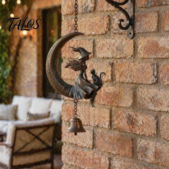 Witch Decor for Home Moon Wind Chime, Gothic Crescent with Black Cat Hanging Bell, Meditation Space Accents Mystical Garden Porch Patio Balcony