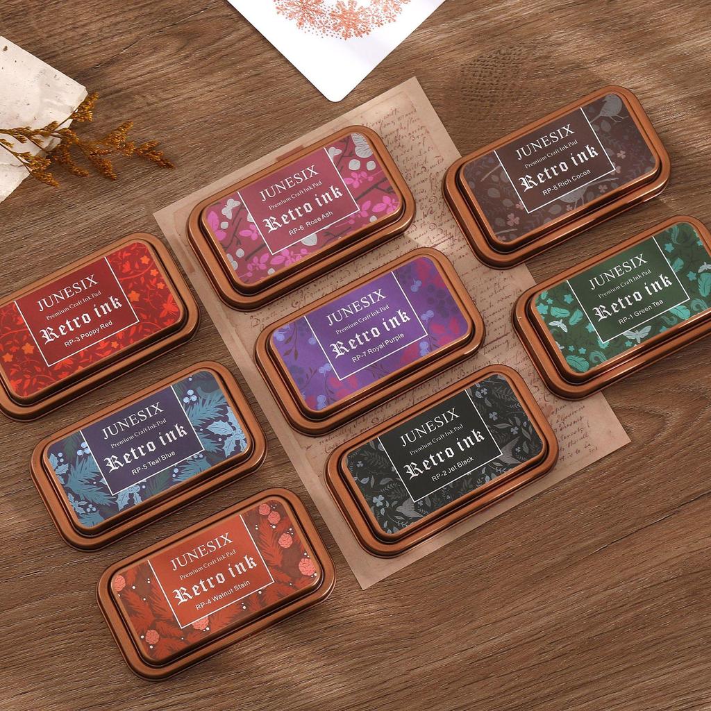 Retro Tin Box Stamp Pad Set: 8-Color Ink Pads for Rubber Stamp Journals and DIY Projects.