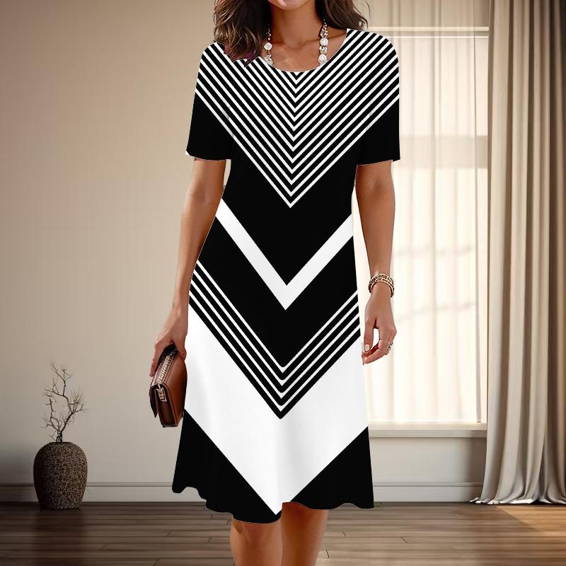 

Жіноча мода витончений простий візерунок друку літній весняний короткий рукав O-подібним вирізом повсякденні сукні 6XL чорний