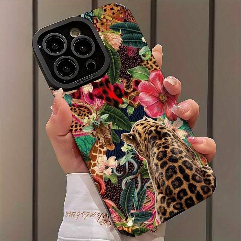 Leopard and tropical floral pattern phone case suitable for iPhone 17 16 15 14 13 12 11 Pro/Max/Plus anti drop and shockproof