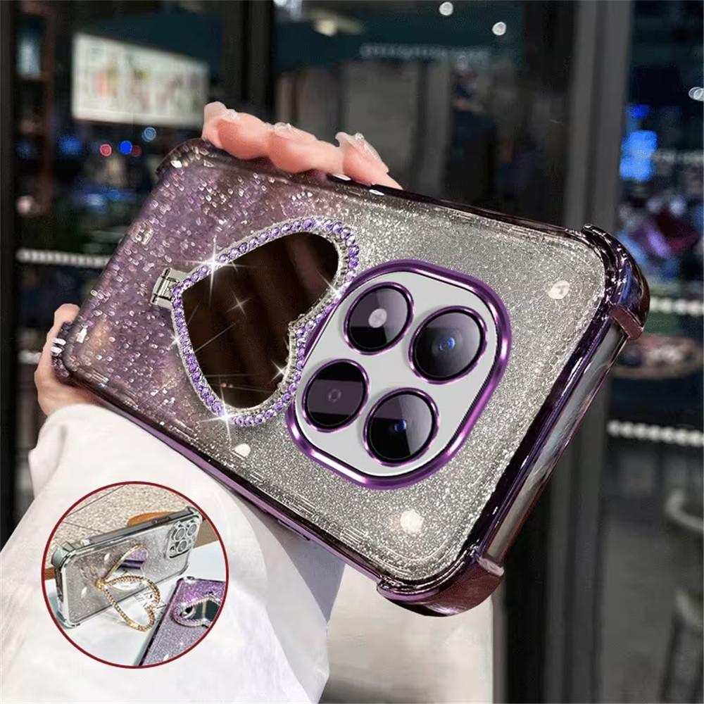 Glitter Heart Mirror Holder Stand Phone Case For OPPO Reno 15 15C 15F Pro Max 14F 13F 12F 11F Shockproof Soft Silicon Back Cover