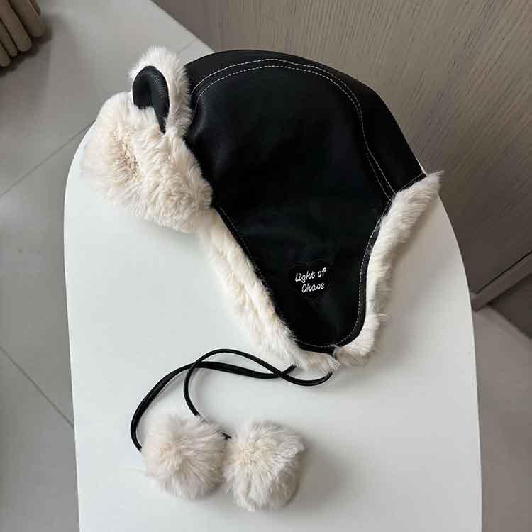 Cute Brown Leather Bear Ears Lei Feng Hat Women's Winter Warm Ear Protection Flying Hat Versatile Velvet Ski Hat