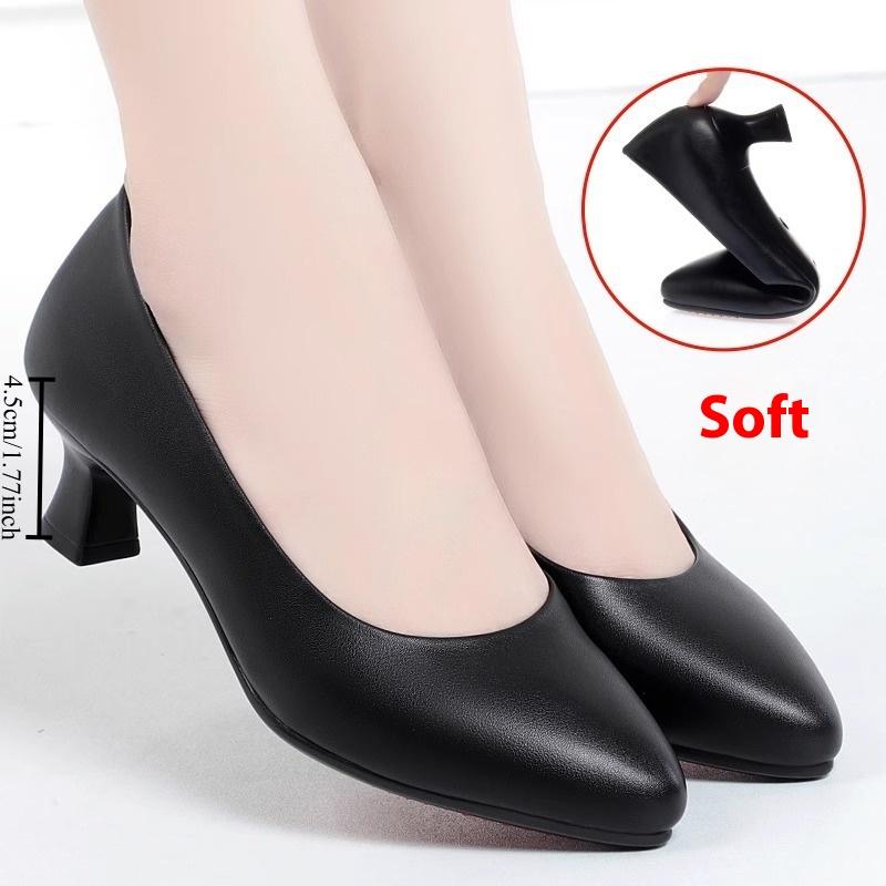 Zapatos de Trabajo Zapatos Profesionales Negros Suela Blanda Zapatos de Cuero Tacón Alto Tacón Grueso Zapatos Individuales Zapatos de Mujer Verano