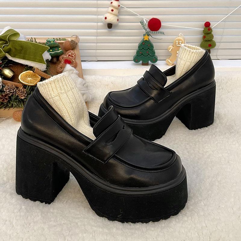 Fashion Gothic Chunky High Heels Pumps for Women 2024 Spring Patent Leather Platform Loafers Woman Black Thick Heeled Jk Lolita Shoes