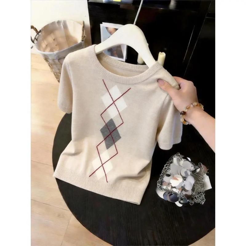 Beige Crew Neck Short Sleeve Argyle Knit T Shirt for Women Casual Wear