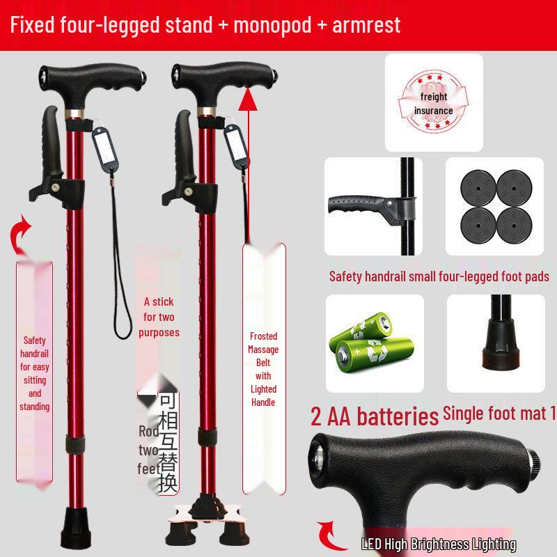Four-Legged Aluminum Walking Cane with Light, Non-slip, Telescopic, Lightweight, Multi-functional Support for the Elderly