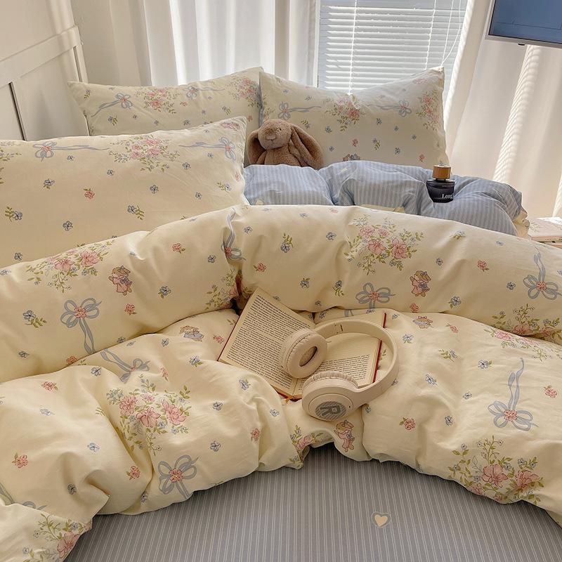 100% Pure Cotton Bed Four-piece Set Skin-friendly Water Wash Bed Sheet Quilt Cover Pillowcase Set