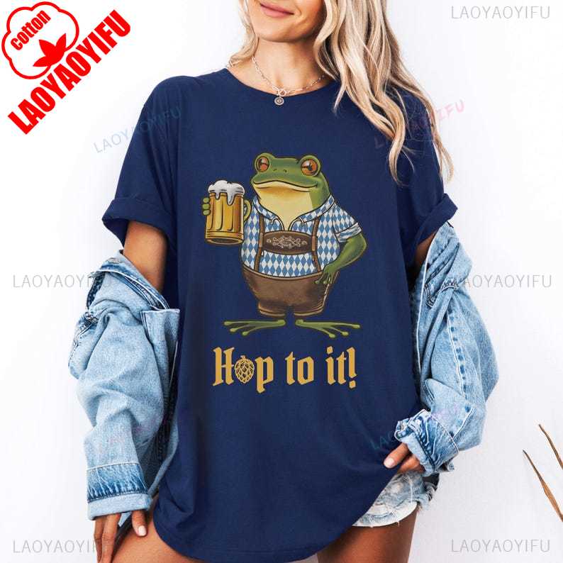 Oktoberfest Frog Shirt Cotton Short Sleeve Summer Casual Beer Tshirt Toad Holding Beer Bavarian Lederhosen Hop To It Apparel