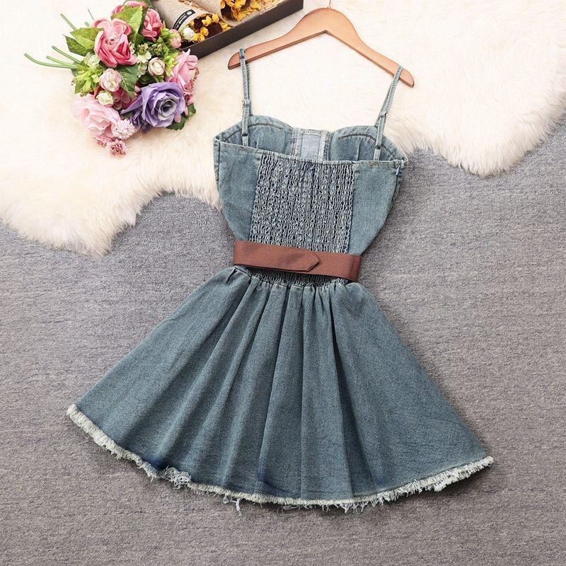2025 Summer Plus Size Retro Denim Waist-Cinching Slip Dress for Women