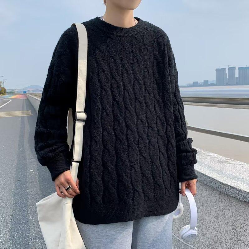 Pullover sweater men's spring and autumn loose Korean version of the trend solid color knitted sweater Hong Kong style round neck casual couple 