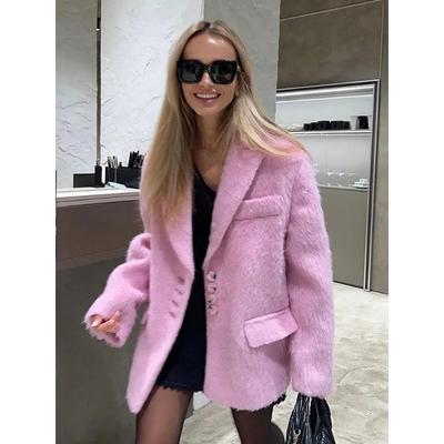 Vlněné plyšové kabáty s klopou Elegantní ženy Zimní kabát Dlouhý rukáv Jednořáskový Volný Oversized Knoflík Kancelář Dámské sako Bunda Ležérní Teplé oblečení