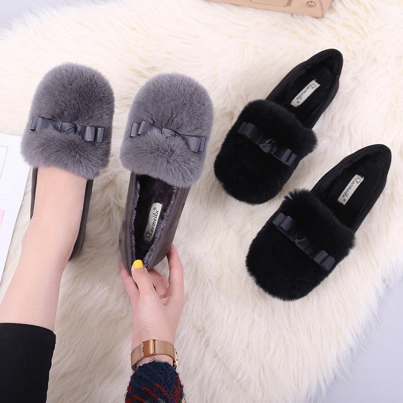 Mode 2025 Winter Plüsch Fell Ballerinas Schuhe Frau Kaninchenhaar Schleife Mokassins Warme Wolle Slipper Femme Büro Kleiderschuhe Damen Fellstiefel
