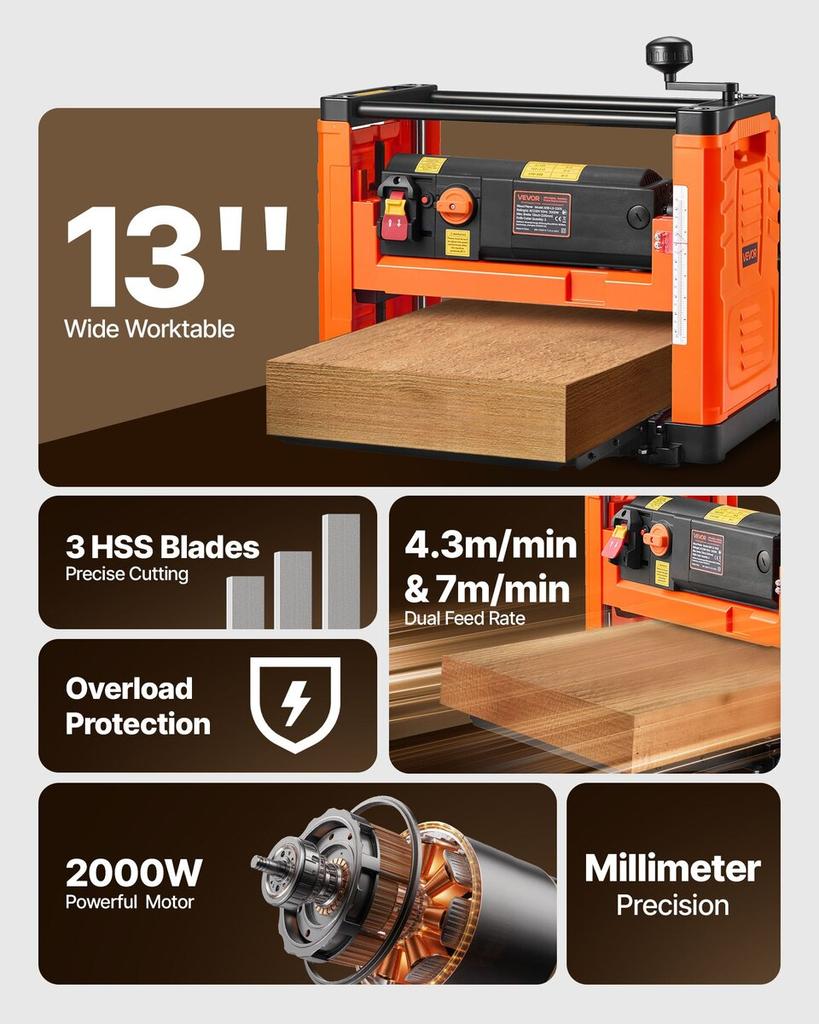 Thickness Planer, Two Speed, 330 mm Width Worktable Power Benchtop Planer, Three-Blade, 2000W 23500 RPM Powerful Motor, Dual Rollers, Over Protection,