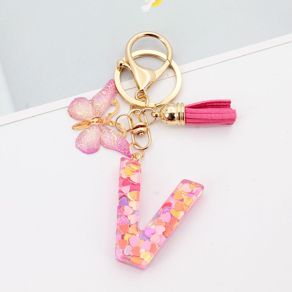 Pink Butterfly Tassel & Resin Sequin Letter Keychain - Backpack Charm for Women