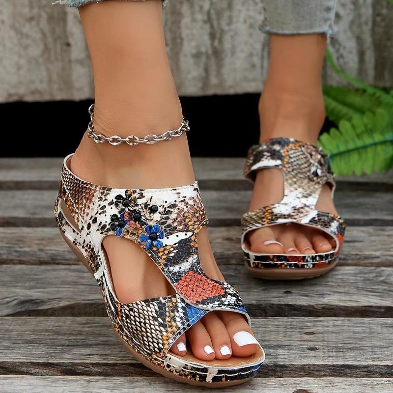 Dámské nadměrné letní nové sandály jednobarevné květinové s otevřenou špičkou na klínku s rybí tlamou