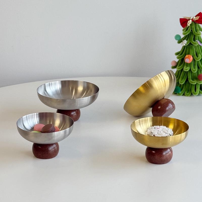 Stainless Steel Round Wood Base Dessert Cup & Bowl Set