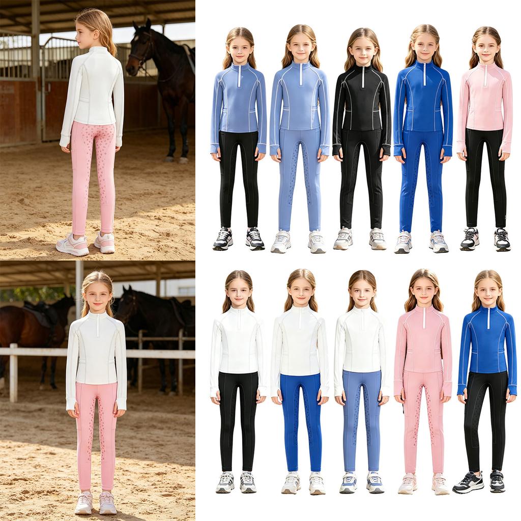 Tenue d'équitation pour filles Ensemble à col montant, manches longues avec trous pour les pouces, pull à fermeture éclair avec pantalon d'équitation à grip intégral antidérapant pour l'entraînement