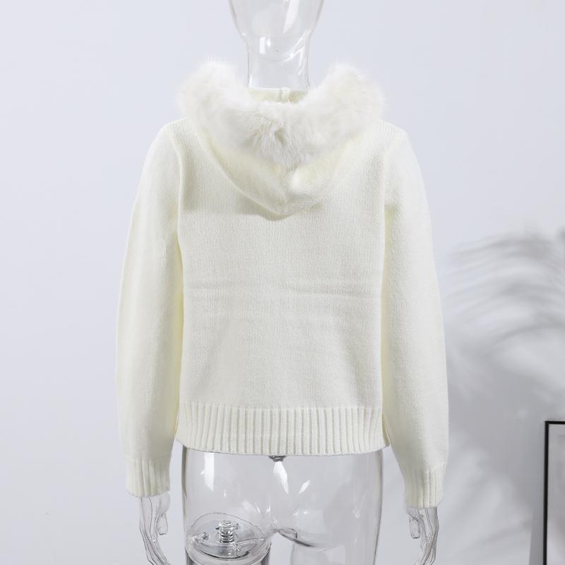 Long-sleeved Fur Collar Hooded Sweater Autumn and Winter Inner and Outer Wear Dual-purpose Ladies Solid Color Zipper Blouse Slim Knit Ladies Cardigan