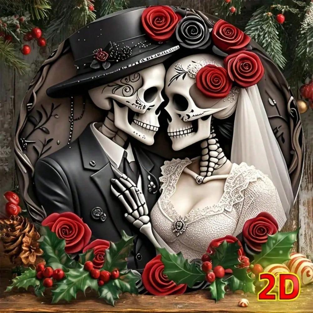 Vintage Metal Wall Art Skeleton Couple Floral Decor for Halloween Day of the Dead Home Bar Restaurant Office Gift
