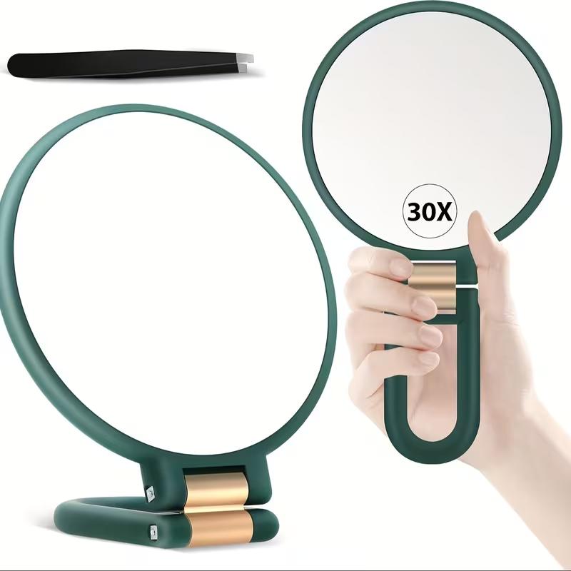 Handheld Makeup Mirror, 30x Magnification, 360 ° Rotating Handle, Foldable and Portable for Travel. Suitable for Eyebrow Shaping