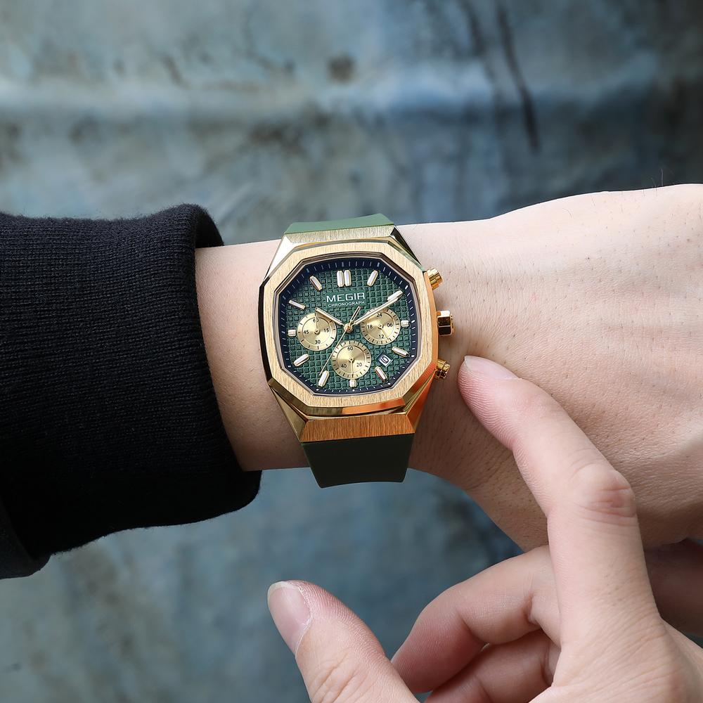 Megir Sport Watch Men Chronograph Quartz Wristwatch with Date Octagon Dial Luminous Hands Silicone Strap