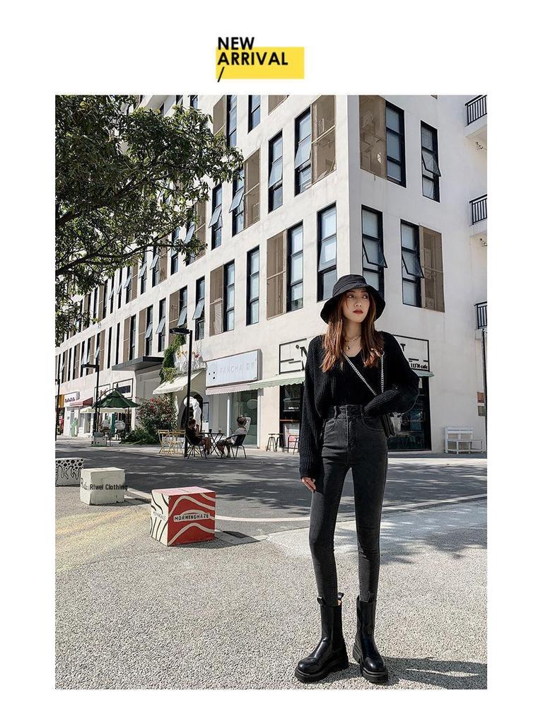 High-Waisted Women's Slim Fit Skinny Jeans - Elastic Pencil Pants for Spring, Autumn, Winter 2020