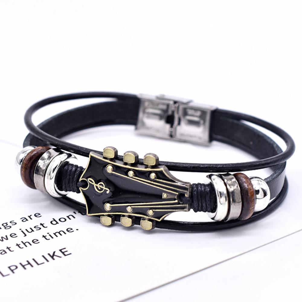Retro Faux Leather Guitar Bracelet, Punk Rock Music Guitar Genuine Leather Bracelet, Handmade Braided Multi-Layer Wrap Bracelet чёрный